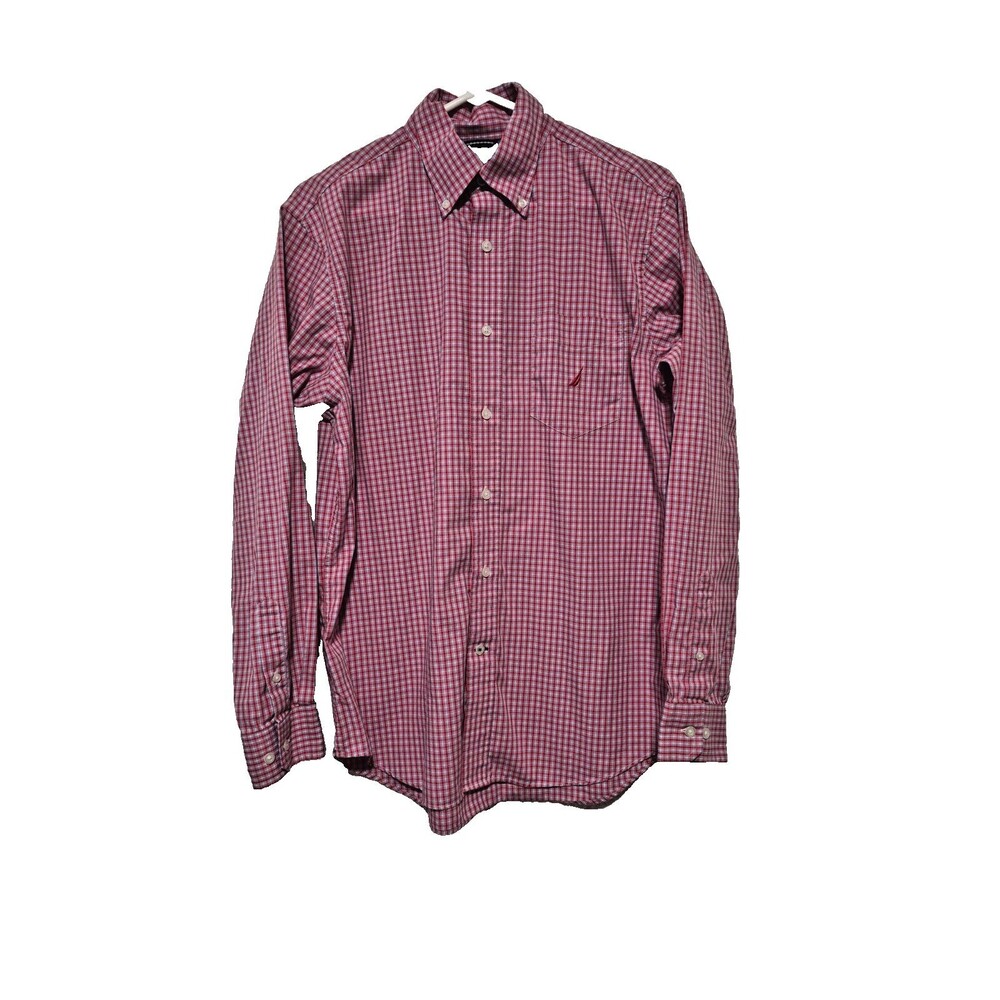Nautica Men's Classic Fit Button-Down Dress Causal Shirt Red Plaid Long Sleeves